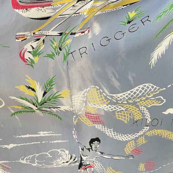 Vintage 1940’s/50’s Surf/ Fishing Print Hawaiian Muu-Muu Dress, Small - Picture 6 of 12